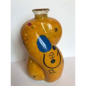Vtg 1990's Large Hand Painted From The Inside Yellow Bulbous Vase Abstract